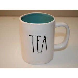 Rae Dunn by Magenta “TEA” in large letters with turquoise interior coffee tea mu